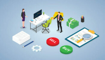 trader stock market trading concept with business man team people and some chart and financial analysis data with modern isometric style - vector illustration